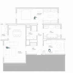 Kat planı: antre, hol, salon ve yemek alanı, mutfak, yatak odası ve giyinme alanı, çalışma ve misafir odası, banyo, balkon; mahal alanlarıyla mobilyalı yerleşim