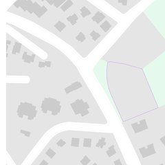 Konum planı: müstakil evler, yollar ve yeşil alanlardan oluşan seyrek dokuda parselin sınırı