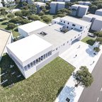 Bodrum Hidroterapi Merkezi kuş bakışı: beyaz bloklar, avlular ve çamlar