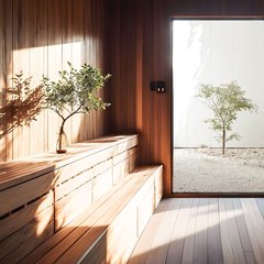 Sauna: iki yanı banklı ahşap kabin, cam kapının ardında çakıl zeminli avlu ve tek fidan