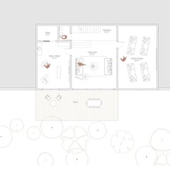 Alt kat planı: resim atölyesi, ortak alan, sinema odası, depo, WC ve alt teras