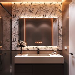 Banyo: kuş desenli duvar kaplaması, aydınlatmalı ayna ve koyu renkli duş bölmesi