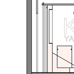Kesit A-A: KC Yangın duvar grafikli showroom, cam bölme ardında kahve nişi, ekranlı toplantı alanı ve sergi bankosu