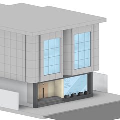 Binanın karşı köşeden aksonometrisi: zemin kat cephesi, tabela ve grafik kaplı vitrin