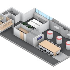 İç mekânın karşı yönden aksonometrisi: tuvalet ve lavabo, kahve nişi, merdiven, pencereli açık ofis, cam kapalı ofis, toplantı masası ve showroom