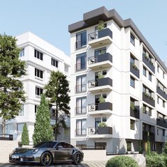 Sokak köşesinden altı katlı beyaz konut yapısı; antrasit balkon panelleri, koyu çatı, ağaçlar ve komşu apartman