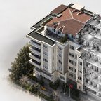 Aynı bloğun drone fotoğrafı, nokta bulutu ve Revit modeli olarak üç dilimli gösterimi