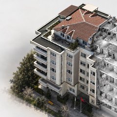 Aynı apartman bloğu üç dilimde: solda drone fotoğrafı, ortada çatısı kaldırılmış gri nokta bulutu, sağda mavi pencereli Revit modeli