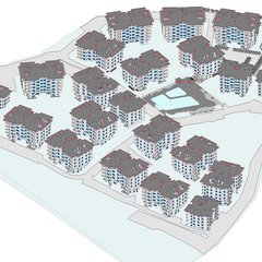 Sitenin Revit modeli: gri kırma çatılı, kırmızı saçak kenarlı ve mavi pencereli bloklar, ortada havuzlu meydan, arazi ve otoparklar