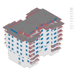 Revit modelinden üretilen aksonometri, kot etiketli renkli kesit, tek kat dilimi ve kat planı bir arada