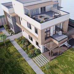 Kuş bakışı yapı ve bahçe: çatı terasında pergola ile oturma grubu, alt katta pergolalı balkon, ahşap deck veranda, çim alan ve ateş çukurlu köşe kanepe