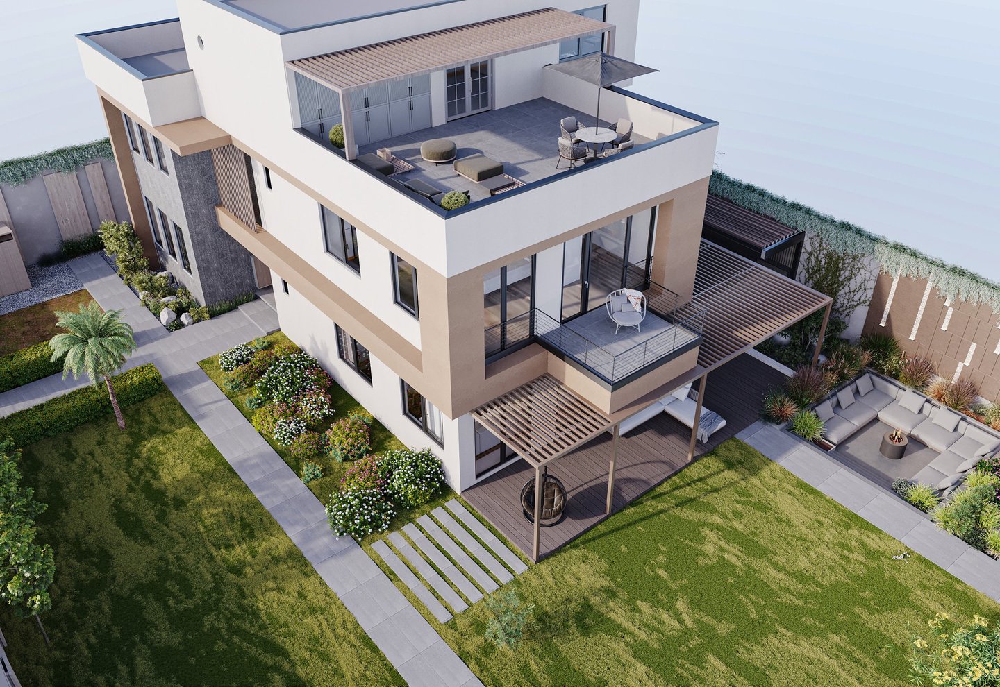 Yücel Evi kuş bakışı: çatı terasında pergolalı oturma grubu, alt katta pergolalı balkon, ahşap deck veranda, çim alan ve ateş çukurlu köşe kanepe