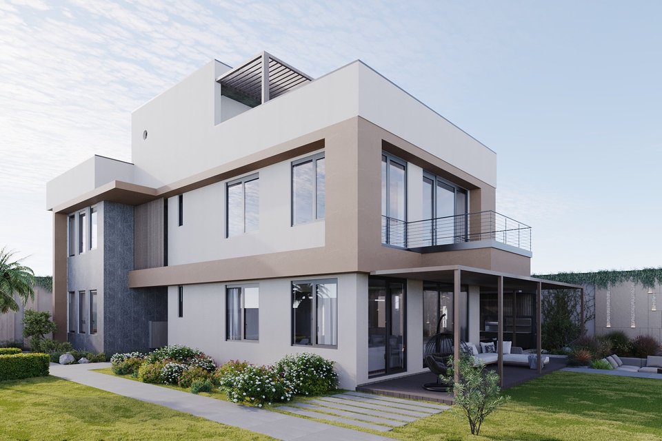 Yücel Evi bahçeden: beyaz ve bej kütleler, taş kaplı merdiven kulesi ve pergolalı veranda