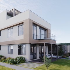 Bahçeden köşe görünümü: beyaz ve bej sıvalı kütleler, gri taş kaplı merdiven kulesi, tel korkuluklu balkon, pergolalı veranda ve önünde geniş çim alan